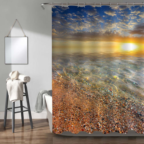 Sea Beach Under the Dramatic Sunset Sky Shower Curtain - Blue Gold Sand