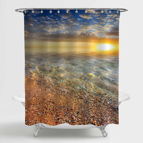 Sea Beach Under the Dramatic Sunset Sky Shower Curtain - Blue Gold Sand