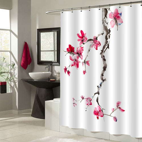 Chinese Painting Cherry Flower Shower Curtain- Red Balck