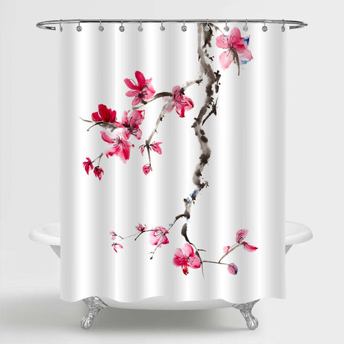 Chinese Painting Cherry Flower Shower Curtain- Red Balck