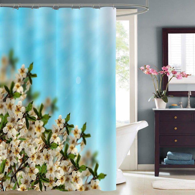 Cherry Blossom in Spring Time with Blue Sky Shower Curtain - Blue Green Whtie