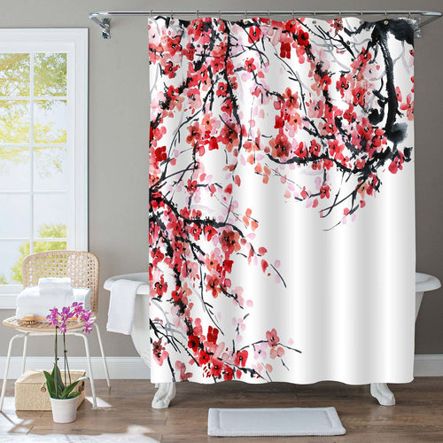 Oriental Traditional Painting Plum Florals Shower Curtain - Red Black White