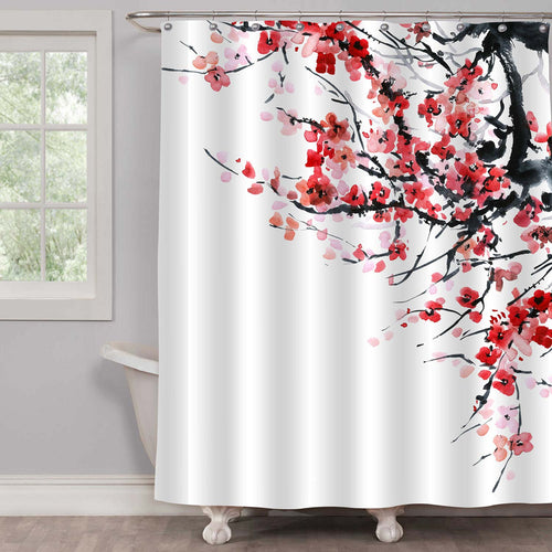 Oriental Traditional Painting Plum Flowers Shower Curtain - Red Black Whtie