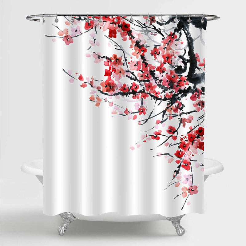 Oriental Traditional Painting Plum Flowers Shower Curtain - Red Black Whtie