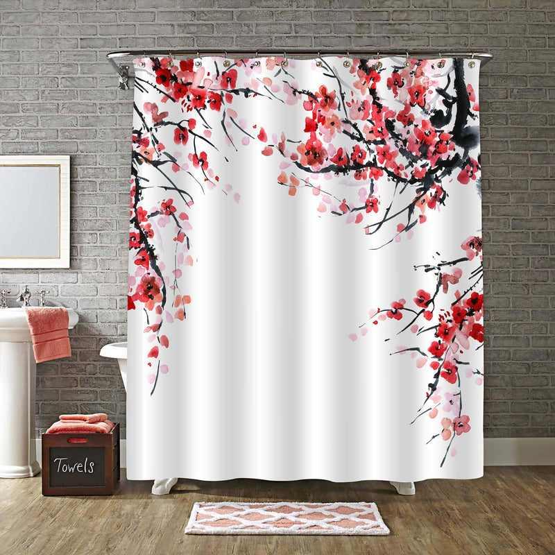 Red Plum Floral Branches Shower Curtain - Red Black White