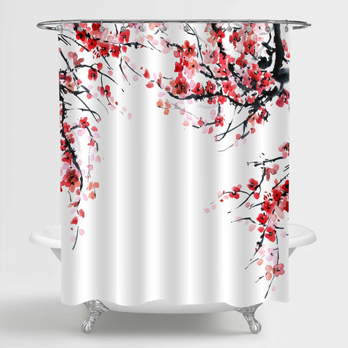 Red Plum Floral Branches Shower Curtain - Red Black White