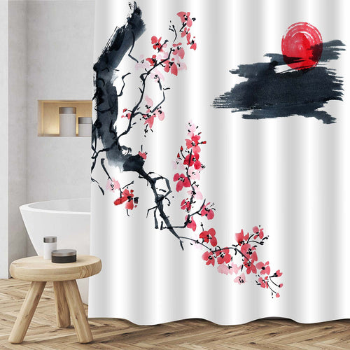 Asian Watercolor Ink Artwork of Blossom Sakura Tree and Sun Shower Curtain - Red Black White