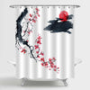 Asian Watercolor Ink Artwork of Blossom Sakura Tree and Sun Shower Curtain - Red Black White