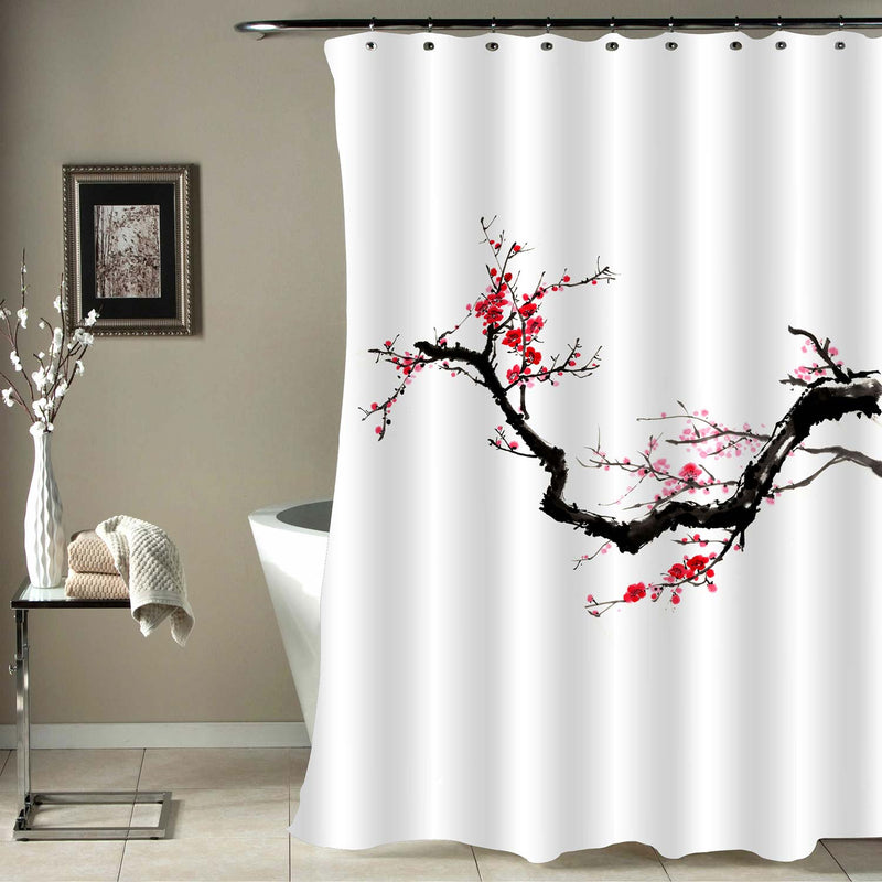 Chinese Traditional Brush Ink Painting Plum Flowers Shower Curtain - Red Black White