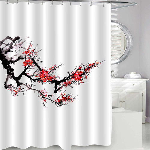 Chinese Hand Drawn Plum Blooming Shower Curtain - Red Black White