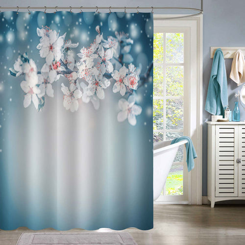 Springtime Cherry Blossom Shower Curtain - Green Blue