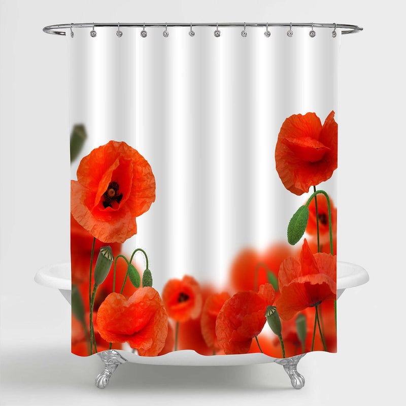 Poppy Flowers with Buds and Leaves Shower Curtain - Red