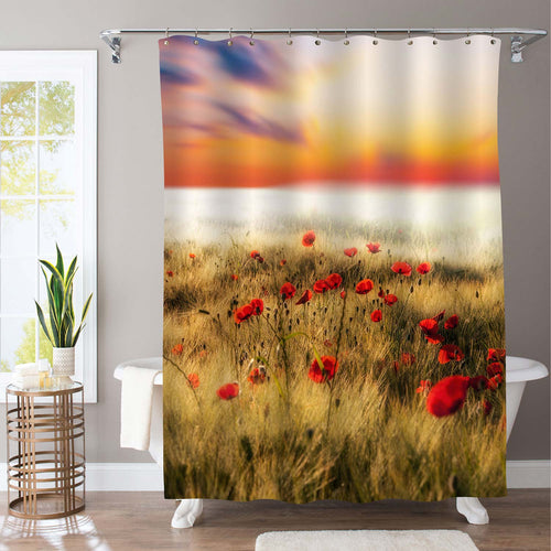 Poppy Flowers in Wheat Field Shower Curtain - Red Gold