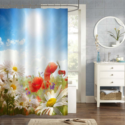 Poppies Chamomile on Grass Field Shower Curtain - Multicolor