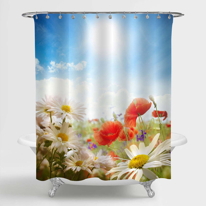 Poppies Chamomile on Grass Field Shower Curtain - Multicolor