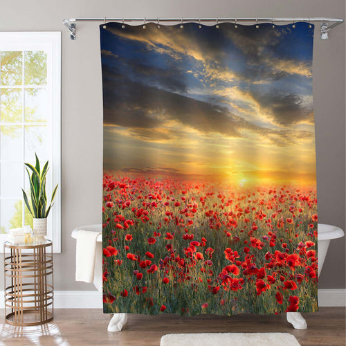 Poppy Filed on Sunset Sky Shower Curtain - Red Blue Gold