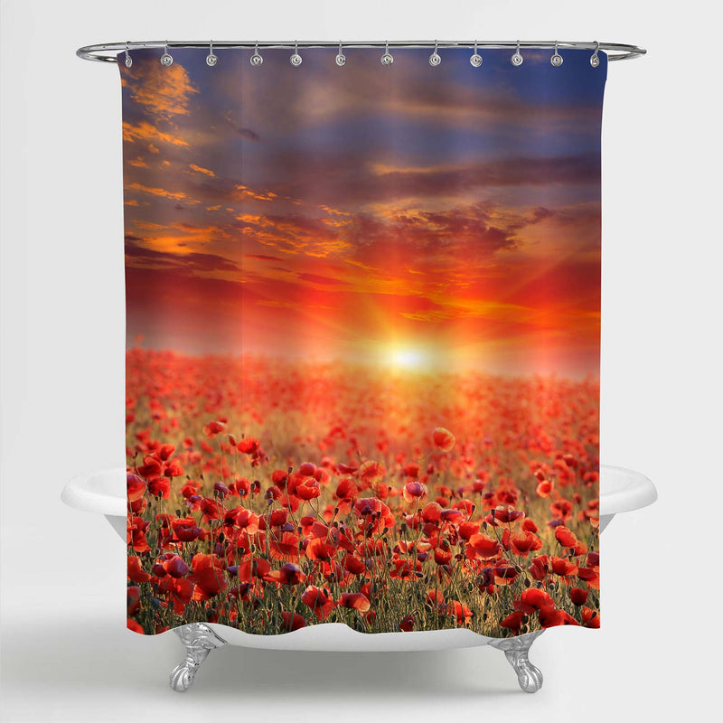 Sunset over Poppy Field Shower Curtain - Red