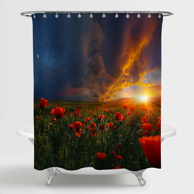 Poppy Meadow on Sunset Sky Shower Curtain - Red Blue Green