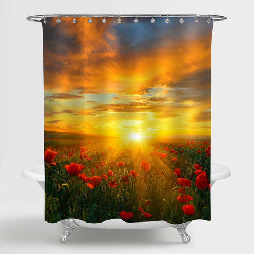 Sunset Over a Field of Red Poppy Flowers Shower Curtain - Red Gold