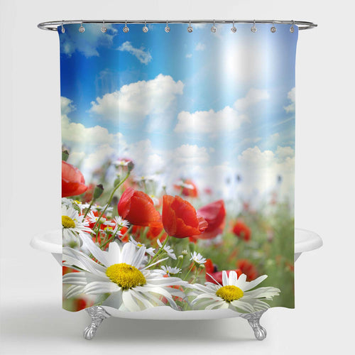 Field of Poppy and Daisy Flowers Shower Curtain- Multicolor