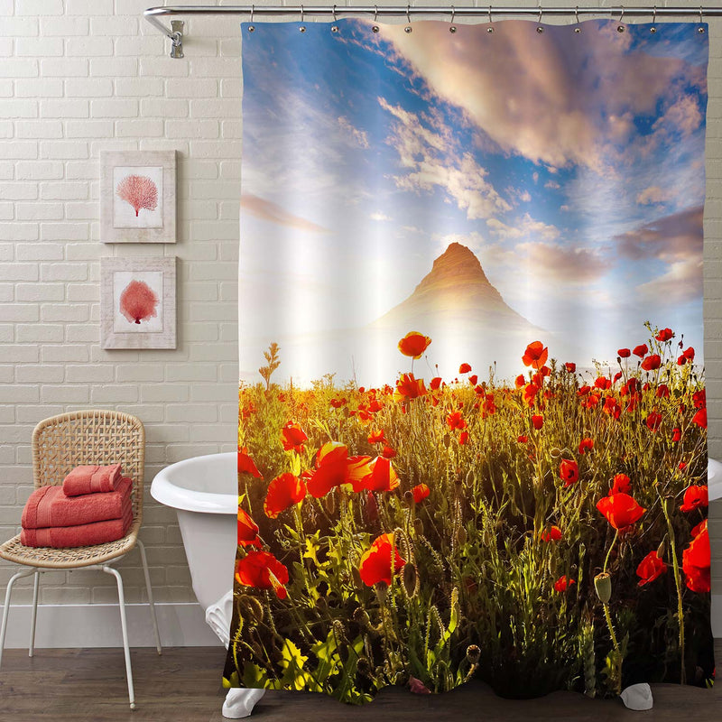 Blooming Poppies on Field Against the Sun Shower Curtain - Red Green Blue