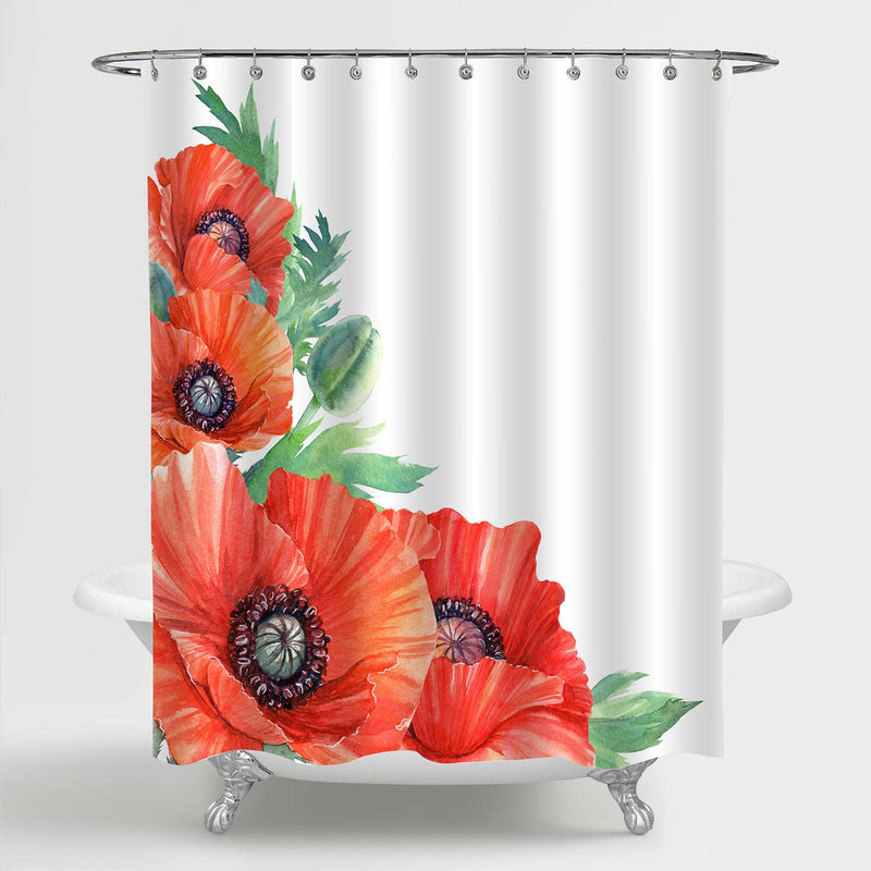 Poppy Flowers and Leaves Shower Curtain - Red Green
