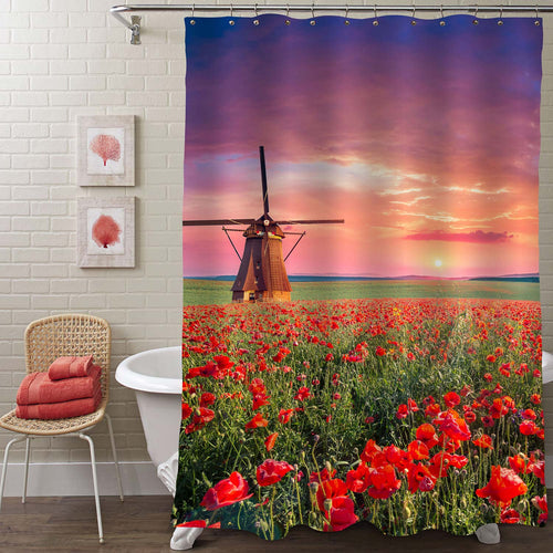 Vibrant Tulips with Dutch Windmills Along a Canal Shower Curtain - Red Green