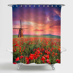 Vibrant Tulips with Dutch Windmills Along a Canal Shower Curtain - Red Green