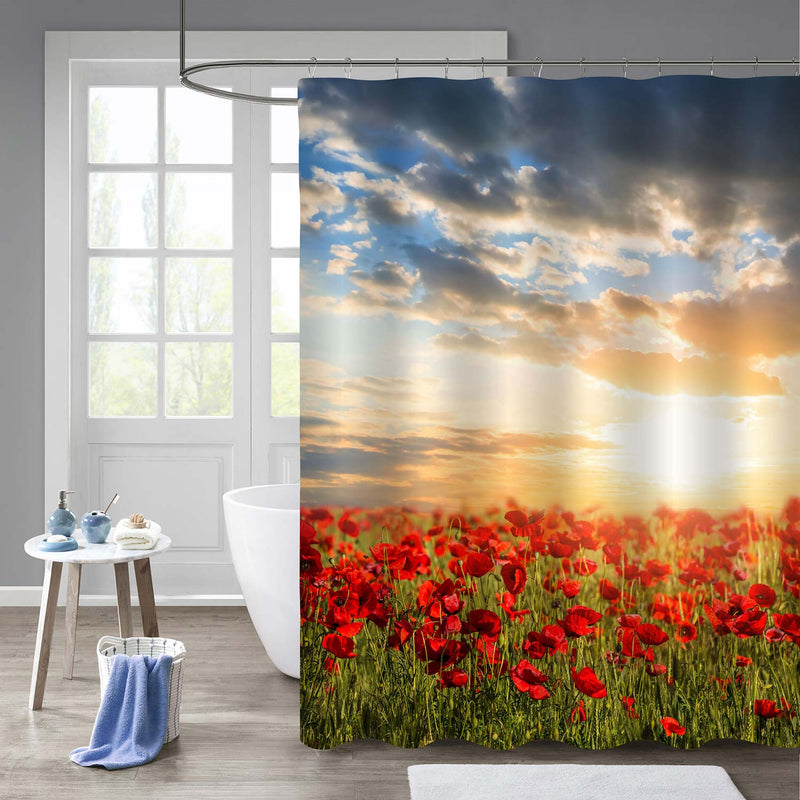 Wild Grass Field and Poppies Against the Sunset Sky Shower Curtain - Red Green Blue