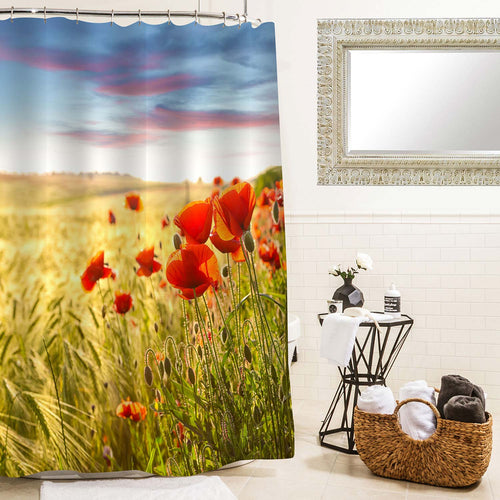 Bright Poppies Flower at Sunset Shower Curtain - Red Green