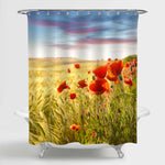Bright Poppies Flower at Sunset Shower Curtain - Red Green