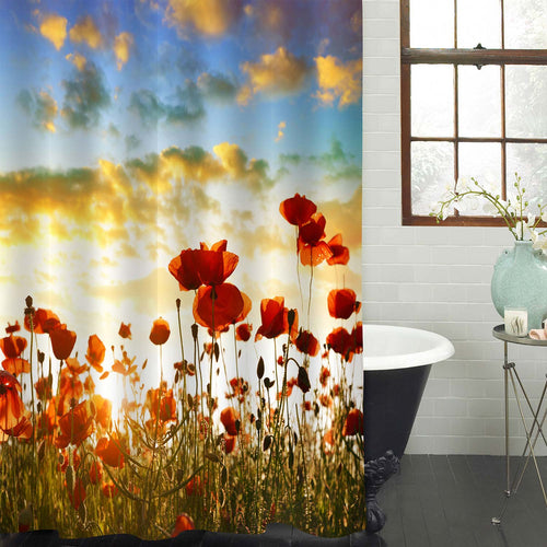 Poppy Flowers in Spring Field at Sunset Shower Curtain - Red Gold Blue