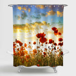 Poppy Flowers in Spring Field at Sunset Shower Curtain - Red Gold Blue