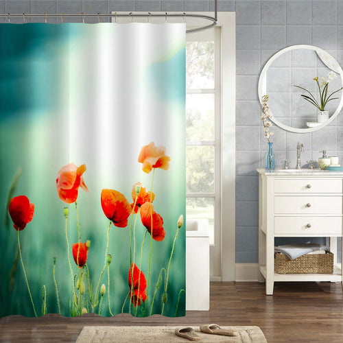 Poppies Flowers at Field Shower Curtain - Rerd Green