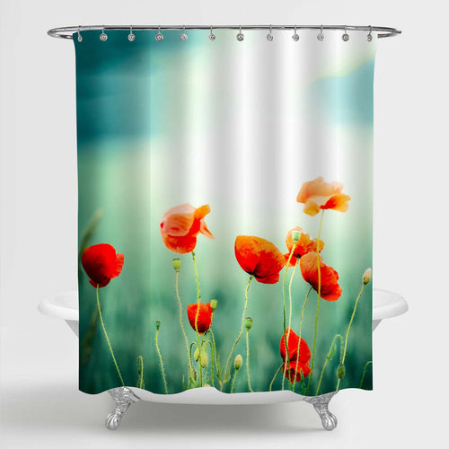 Poppies Flowers at Field Shower Curtain - Rerd Green