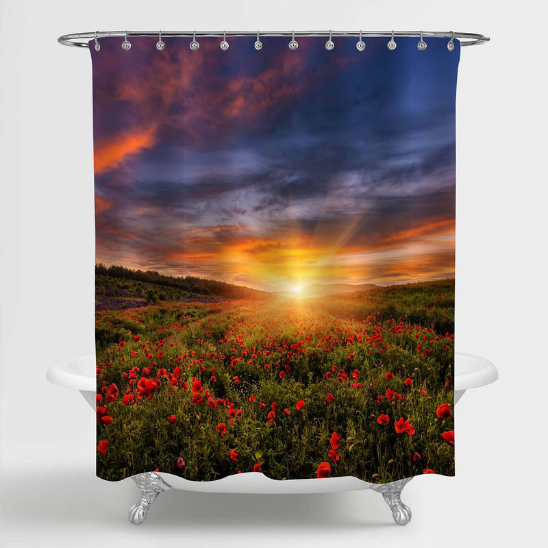 Colorful Sky Over the Poppy Flowers Field After Wonderful Sunset Shower Curtain - Blue Gold Red
