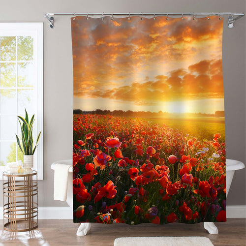 Endless Poppy Flower Fields at the Sunset Shower Curtain - Red Gold