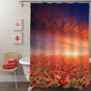 Sunset Scene over Poppy Flower Meadow Shower Curtain - Red Blue