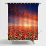 Sunset Scene over Poppy Flower Meadow Shower Curtain - Red Blue