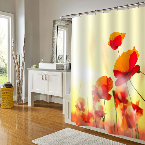 Field of Bright Poppy Flowers in Summer Shower Curtain - Red Gold