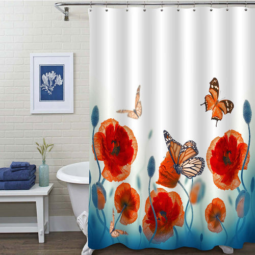 Poppies Field and Butterfly Shower Curtain - Red Green