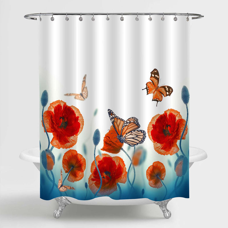 Poppies Field and Butterfly Shower Curtain - Red Green