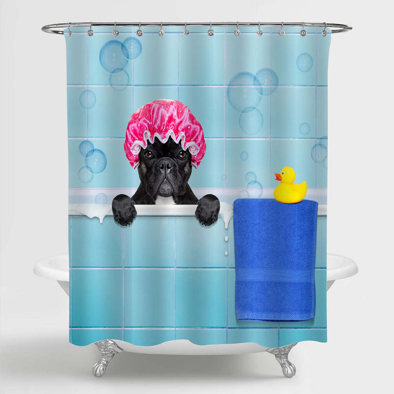 Cartoon French Bulldog in a Bathtub Shower Curtain - Green