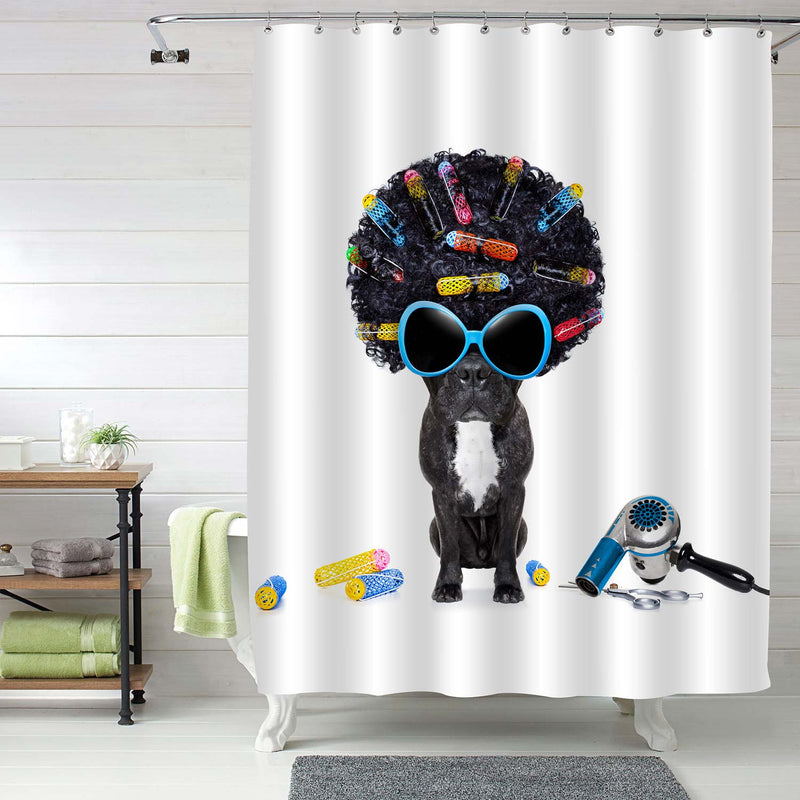 Dog at Hairdresser with Afro Black Hair and Glasses Shower Curtain - Black