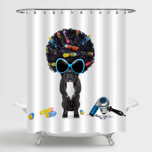 Dog at Hairdresser with Afro Black Hair and Glasses Shower Curtain - Black