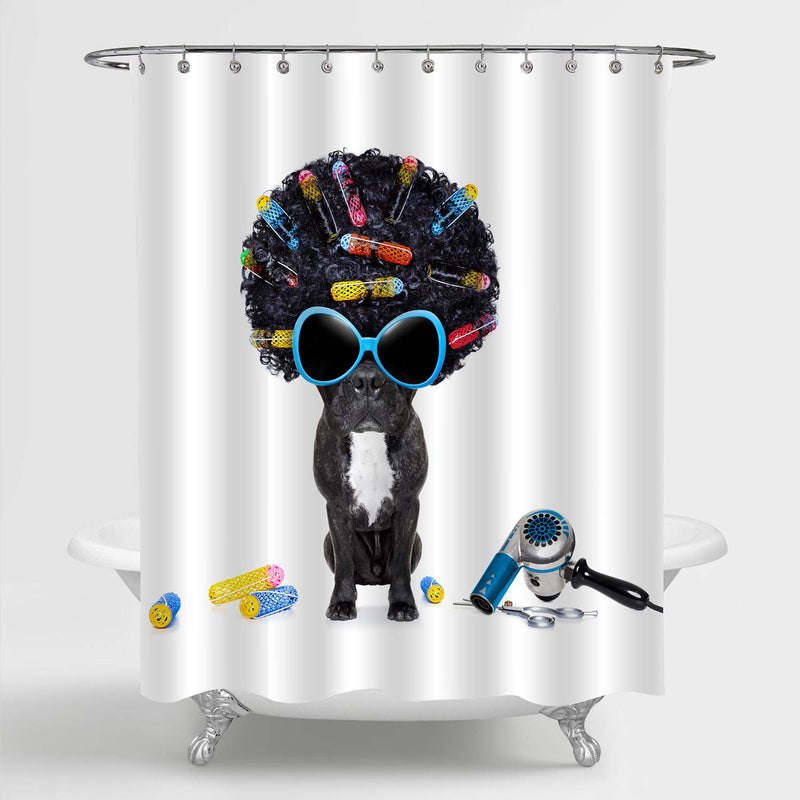 Dog at Hairdresser with Afro Black Hair and Glasses Shower Curtain - Black