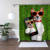 Dog Taking a Selfie and Smiling at Camera Shower Curtain - Green