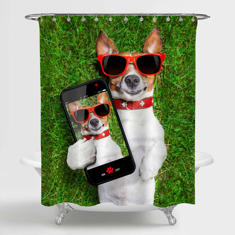 Dog Taking a Selfie and Smiling at Camera Shower Curtain - Green