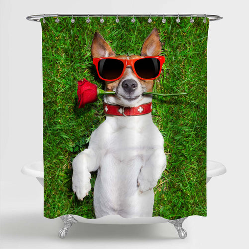 Dog with a Red Rose in His Mouth Falling in Love Shower Curtain - Green