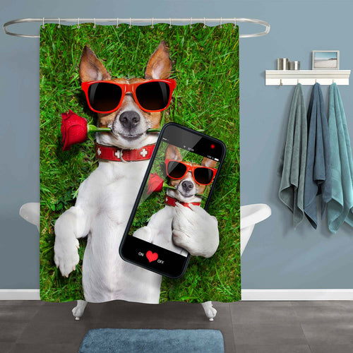 Dog with a Red Rose in His Mouth Taking a Selfie Shower Curtain- Green